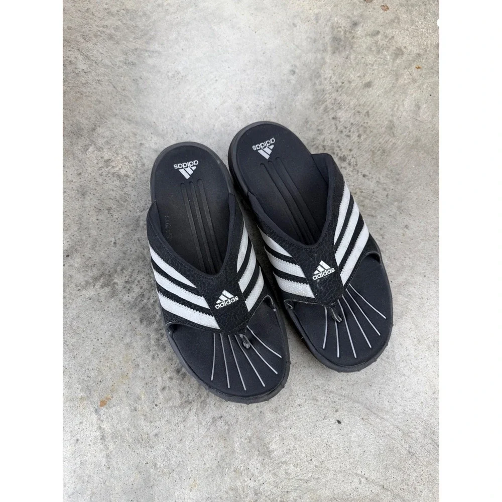 Vintage RARE Adidas Superstar Thong Sandals Black White 3 Stripe Flip Flops 9
